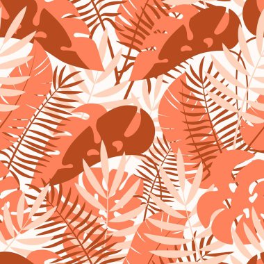 Tropik yapraklar. Kusursuz desen. Sakin pastel renklerde narin bir arka plan. İzole vektör illüstrasyonu.
