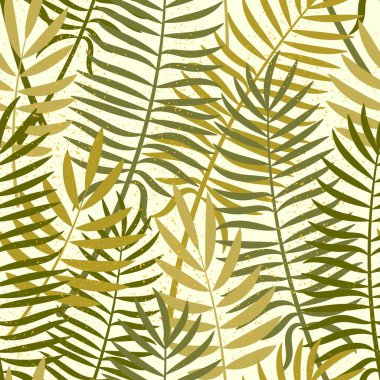 Tropik yapraklar. Kusursuz desen. Sakin pastel renklerde narin bir arka plan. İzole vektör illüstrasyonu.