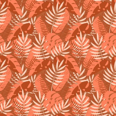 Tropik yapraklar. Kusursuz desen. Sakin pastel renklerde narin bir arka plan. İzole vektör illüstrasyonu.