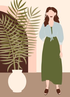 Minimalist bir geçmişi olan soyut bir kadın. Binanın arka planında genç bir kadın var. Bir adamın tam boy görüntüsü. Moda illüstrasyonu. Retro biçiminde vektör illüstrasyonu.