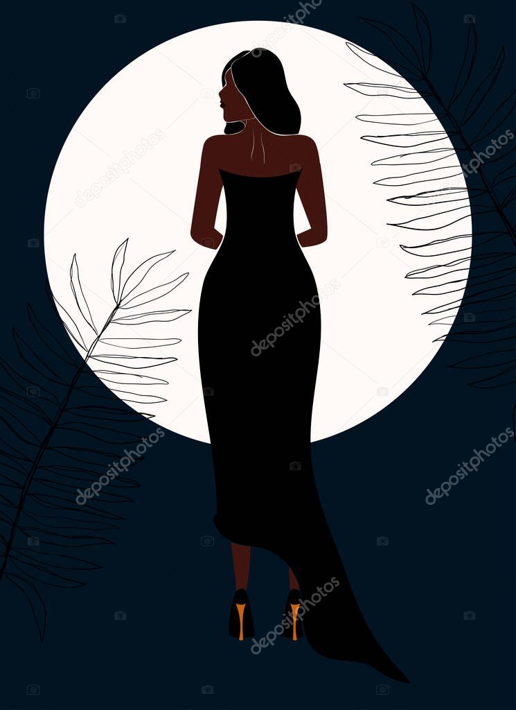 Abstract woman on a minimalistic background. Young girl in an evening dress. Full-length image of a man. Modern style. Vector illustration.