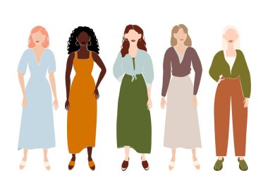 Bir grup genç kadın. İnsanların soyut görüntüsü. Modern tarz. Farklı etnik gruplardan insanlar. İzole vektör illüstrasyonu.