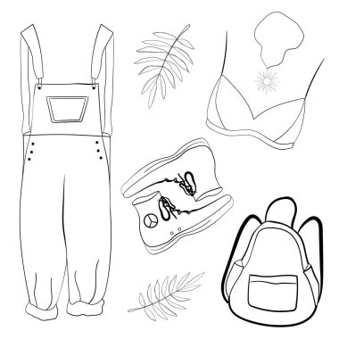 Kadın kıyafetleri, ayakkabı ve aksesuarlar. Nesnelerin yerleşimi. Çizgi çalışması. Karalamalar. İzole vektör illüstrasyonu.