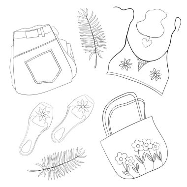 Kadın kıyafetleri, ayakkabı ve aksesuarlar. Nesnelerin yerleşimi. Çizgi çalışması. Karalamalar. İzole vektör illüstrasyonu.