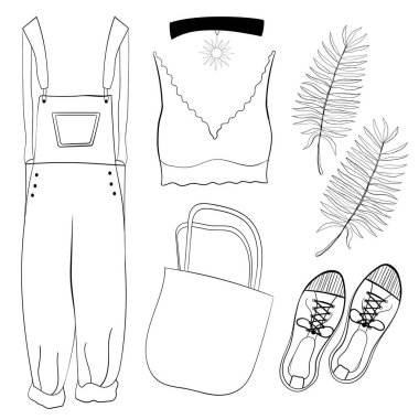 Kadın kıyafetleri, ayakkabı ve aksesuarlar. Nesnelerin yerleşimi. Çizgi çalışması. Karalamalar. İzole vektör illüstrasyonu.