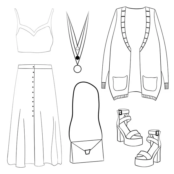 Damenbekleidung Schuhe Und Accessoires Layout Von Objekten Linienkunst Pudel Isolierte — Stockvektor