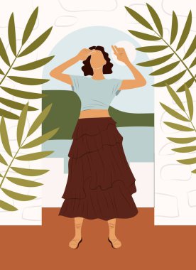 Minimalist bir geçmişi olan soyut bir kadın. Binanın arka planında genç bir kadın var. Bir adamın tam boy görüntüsü. Moda illüstrasyonu. Retro biçiminde vektör illüstrasyonu.