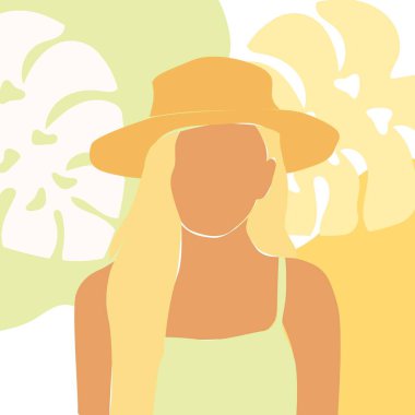 Soyut karalama ve dekoratif tropikal bitkilerin arka planında bir kadın resmi. Minimalist tarzda yapılmış bir kızın portresi. Modern sanat. İzole edilmiş düz vektör çizimi.