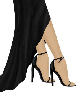 Dişi bacaklar. Yüksek topuklu ayakkabılar. Gece elbisesi giymiş bir kız. Zarif moda illüstrasyonu. Modern tasarım. Moda dergisi kapağı. Poster. İzole vektör illüstrasyonu.