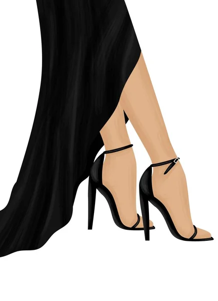 Patas Femeninas Zapatos Tacón Alto Chica Con Vestido Noche Ilustración — Vector de stock