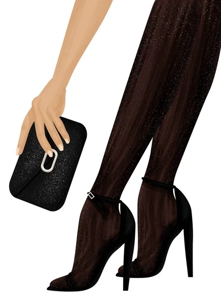 Female Legs High Heel Shoes Girl Holds Handbag Her Hand — Stock Vector