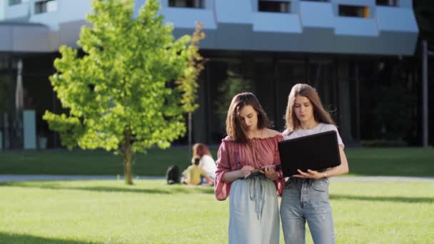 Zwei hübsche Studentinnen studieren auf einem Laptop im Freien vor dem Hintergrund moderner Gebäude eine Vorlesung. — Stockvideo
