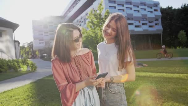 Zwei beste Freundinnen unterhalten sich bei einem Videotelefonat mit Freundinnen vom College, sie lächeln. — Stockvideo