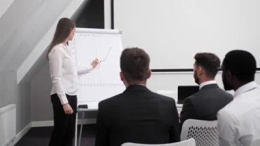 Akıllı bir kadın konferans odasında rapor verir ve şirketin kârını analiz eder. Takım çalışması kavramı..
