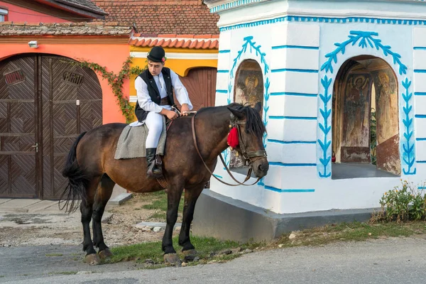 Sibiel Transylvania Romania September Young Man Traditional Dress Horse Sibiel — Stock Photo, Image