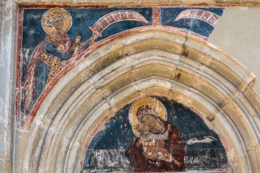 Moldovita, Moldova/Romanya - 18 Eylül: Fresk Moldovita Moldova Romanya üzerinde 18 Eylül 2018 manastırda dış