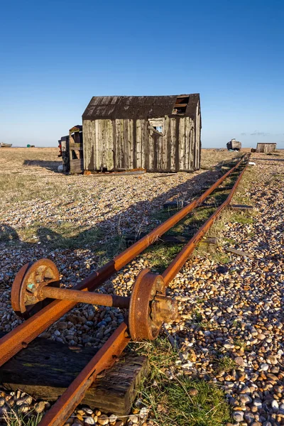 Dungeness Kent Grudnia Stare Linie Kolejowe Plaży Dungeness Kent Dnia — Zdjęcie stockowe