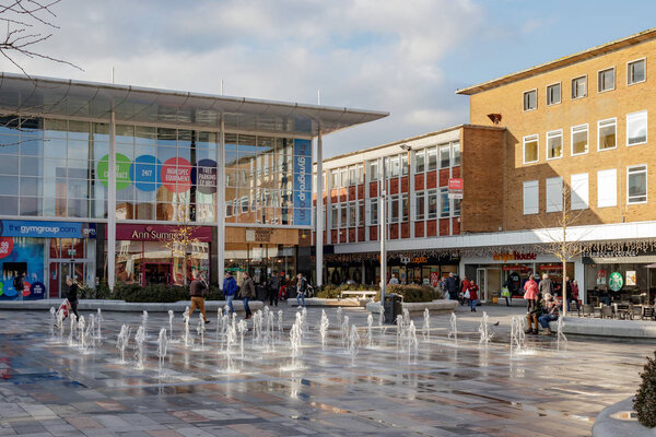 CRAWLEY, WEST SUSSEX/UK - NOVEMBER 21 : View of the main square in Crawley West Sussex on November 21, 2018. Unidentified people.