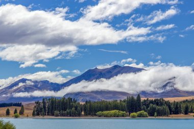 Shoreline of Lake Tekapo with mountains in the distance