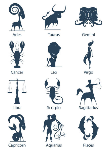 Темно-синий набор знаков зодиака силуэты векторных икон
