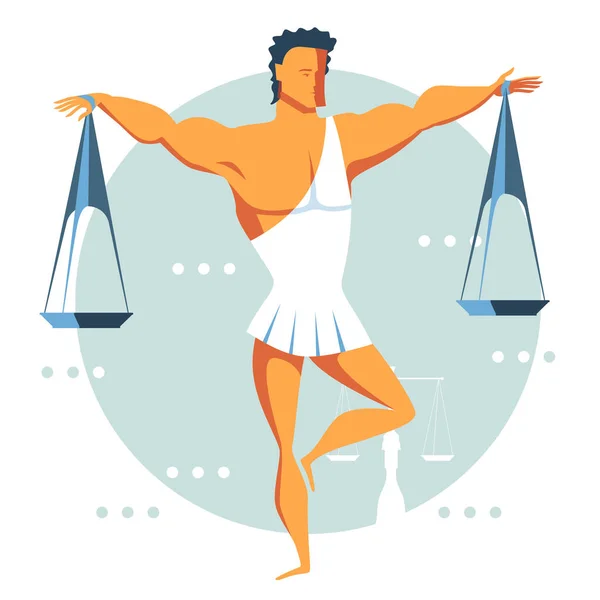 Um homem atlético vestido com uma toga equilibra em uma perna e segura as escamas com os braços afastados . —  Vetores de Stock