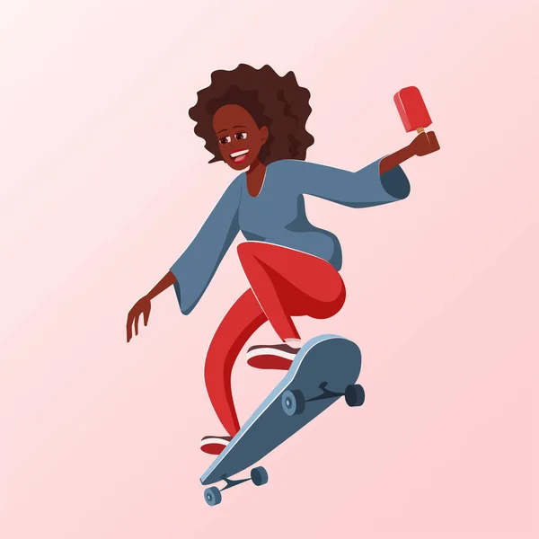 Mujer joven con helado de paleta en la mano realiza un truco en una tabla de skate. — Archivo Imágenes Vectoriales