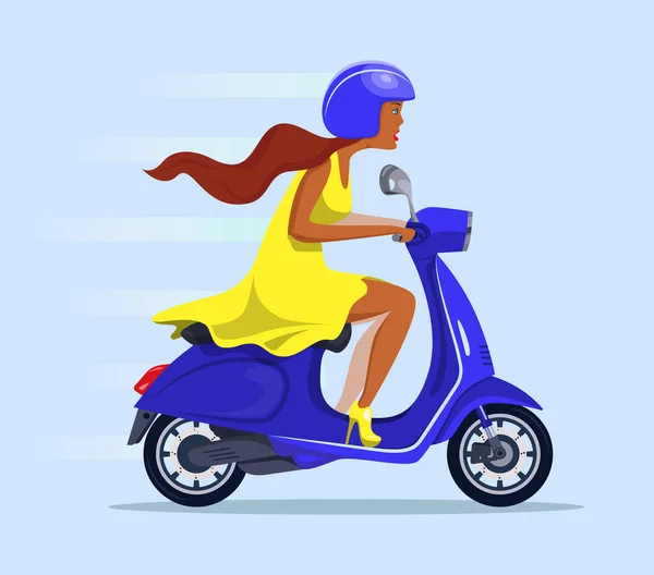 Menina bonito jovem em um capacete e vestido amarelo monta uma scooter . — Vetor de Stock