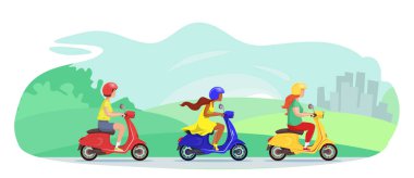 Miğferli genç, tatlı kadınlar ve kızlar mobilete biniyor..