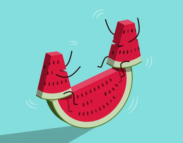 Juicy érett szeletek görögdinnye magok lengenek egy nagy szájvíz szelet, mint a swing. — Stock Vector