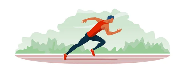 Atleta con lindo color de pelo azul corre a lo largo de la pista del estadio. — Vector de stock