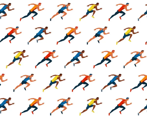 選手が走る 選手のレース 若い男性がベクトルフラットデザインシームレスなパターンをジョギングしている スポーツ活動 — ストックベクタ