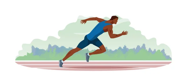 Athlete Runs Stadium Track Jogging Train Handsome Guy Athletic Physique — Stock Vector