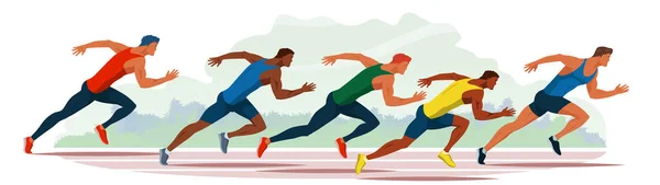 运动员沿着体育场的跑道跑 运动员的种族 年轻人在新鲜空气中慢跑 矢量平面设计说明 男子跑步比赛 — 图库矢量图片