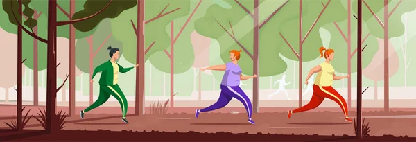 Νεαρές Γυναίκες Σπορ Ρούχα Τρέχουν Στο Δάσος Κάνω Τζόκινγκ Έξω — Διανυσματικό Αρχείο