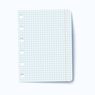 Çalışma kitabından bir kağıt taslağı. Bir parça kare grafik kağıdı. Boş Quadrille kenar boşluklu kağıt yaprağına hükmediyordu. Üst görünüm vektör şablonu izole edildi.