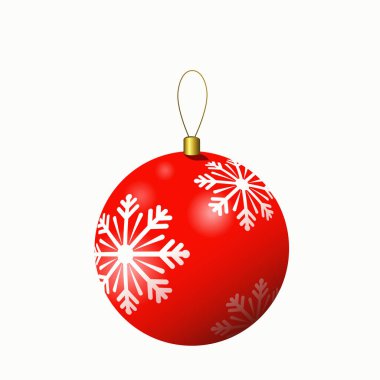 Gerçekçi kırmızı parlak Noel ağacı süsü. Üzerinde beyaz kar taneleri olan kırmızı cam top. Vektör illüstrasyonu.