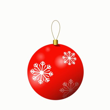 Gerçekçi kırmızı parlak Noel ağacı süsü. Üzerinde beyaz kar taneleri olan kırmızı cam top. Vektör illüstrasyonu.