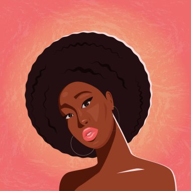 Afro saç stili olan güzel Afrikalı Amerikalı kadın sana bakıyor. Bir karakterin güzel sanat eserleri. Vektör illüstrasyonu.