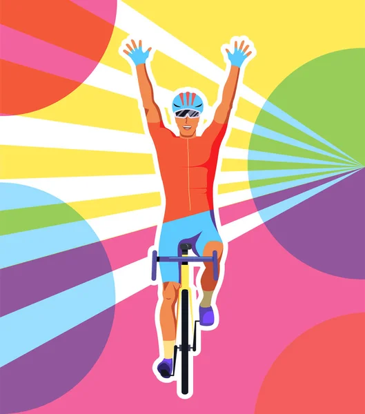 Colorida Ilustración Ciclista Línea Meta Encantado Con Victoria Atleta Moto — Vector de stock