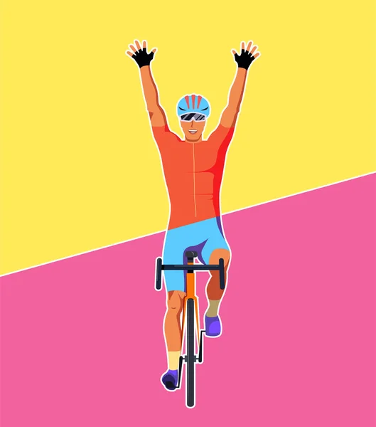 フィニッシュラインでのサイクリストのカラフルなイラストは勝利を喜んでいます 自転車の選手は最初にフィニッシュし 勝利のジェスチャーで彼の手を投げた レース勝者ベクトルフラットデザイン — ストックベクタ