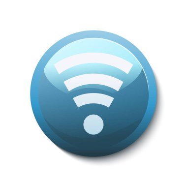 Üzerinde kablosuz internet bağlantının beyaz sembolü olan parlak mavi tuş. Vektör tasarım simgesi beyaza izole edildi