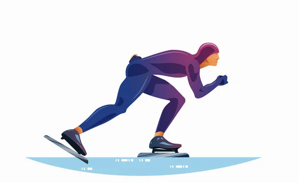 短道速滑 一名身穿运动服的肌肉运动员在冰鞋上冲破了距离 矢量平面设计图解侧视图 — 图库矢量图片