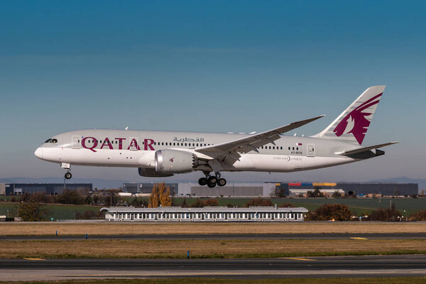 PRAGUE, CZECH REPUBLIC - OCTOBER 31: Boeing 787-8 of Qatar Airways land at PRG Airport in Prague on October 10, 2018. Qatar Airways, is the state-owned flag carrier of Qatar