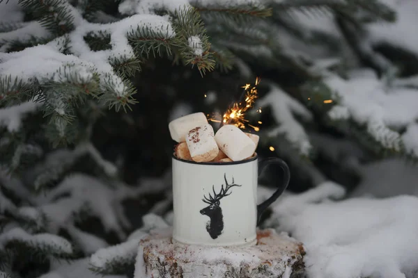 Trinken Mit Marshmallows Winter Unter Dem Baum — Stockfoto