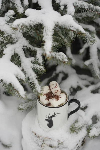 Bere Con Marshmallow Inverno Sotto Albero — Foto Stock