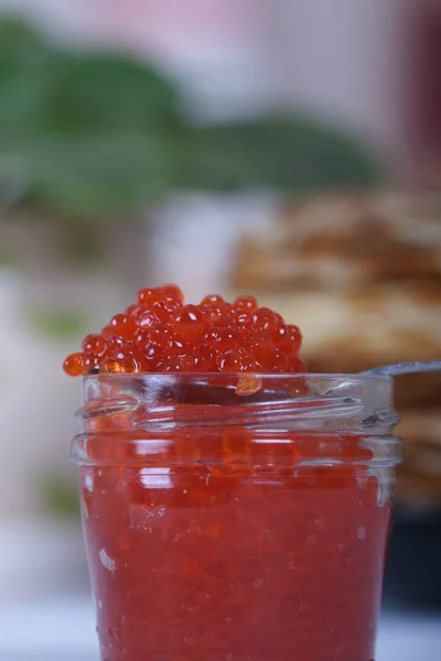 Stack Homemade Pancakes Red Caviar — Stock Photo, Image