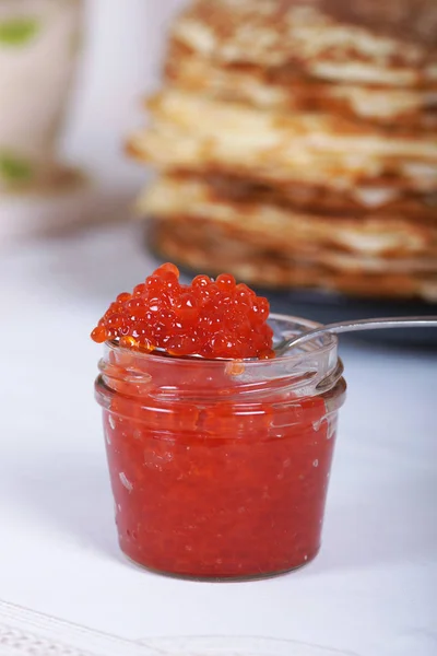 Pila Panqueques Caseros Caviar Rojo —  Fotos de Stock