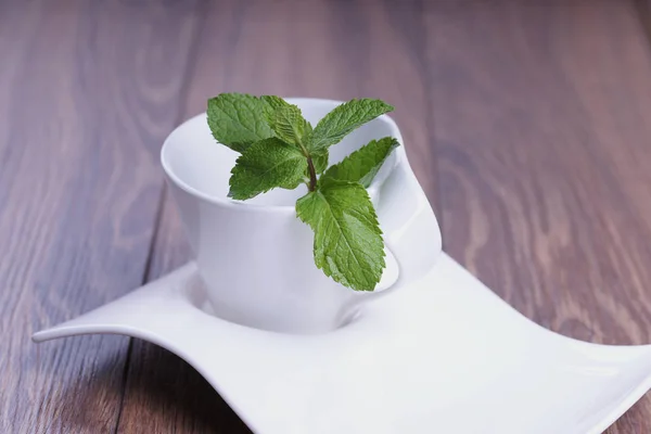 Cangkir Putih Kosong Dengan Setangkai Mint Piring Bergelombang Putih — Stok Foto