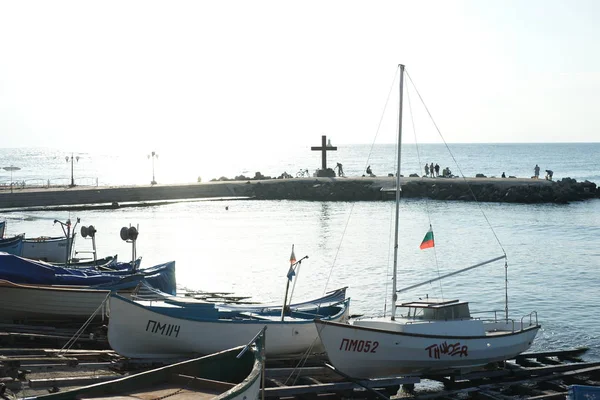 Vue Sur Les Bateaux Amarrés Plage — Photo