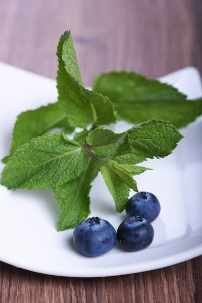 Sprigs Mint Blueberries White Plate Wooden Background — 스톡 사진